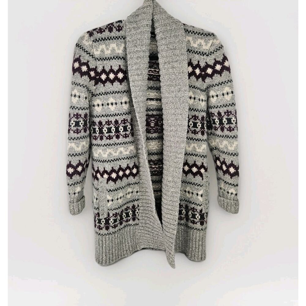 L.L. Bean Lambswool Cardigan Fair Isle Gray Long Women’s Medium Ski Heavy Winter